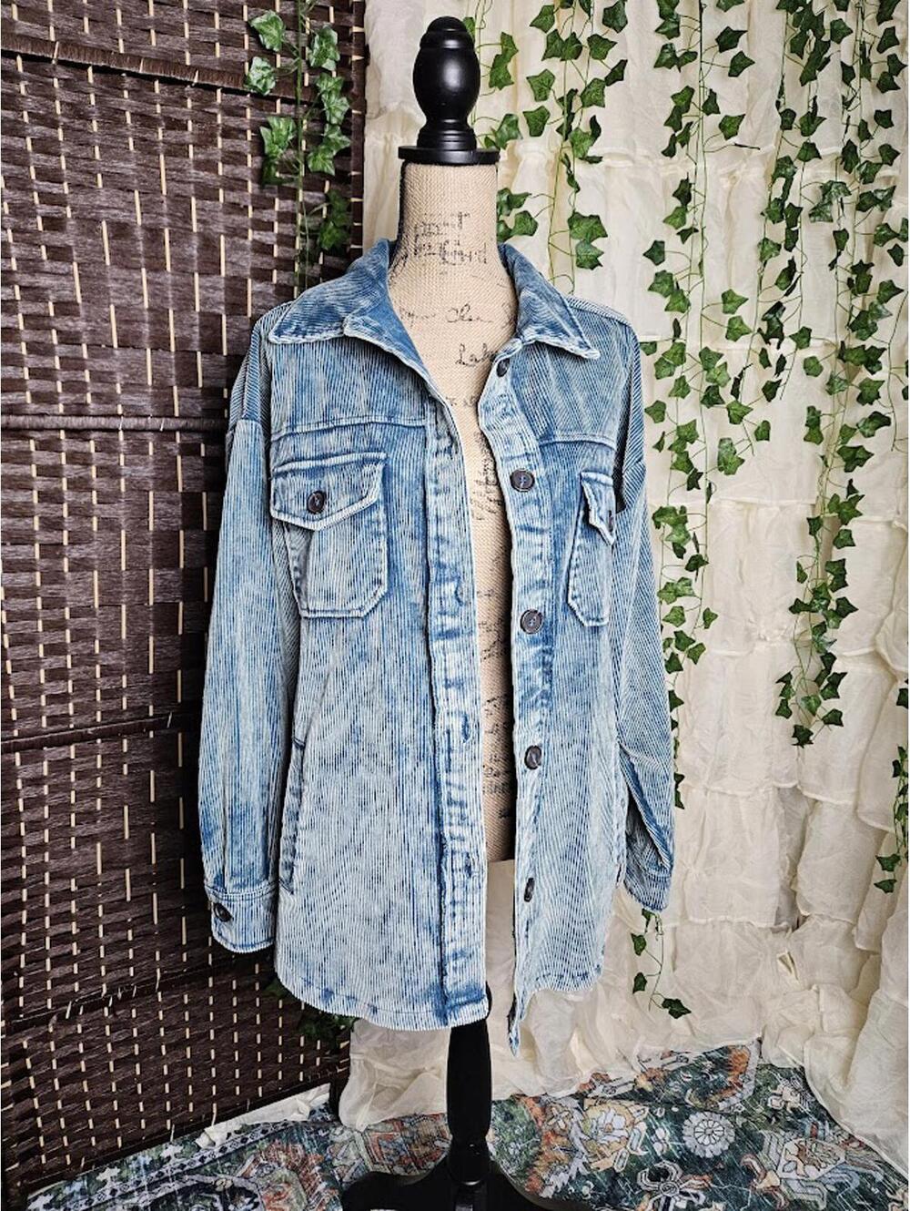 Zenana Blue Corduroy Button-Up Shirt Jacket